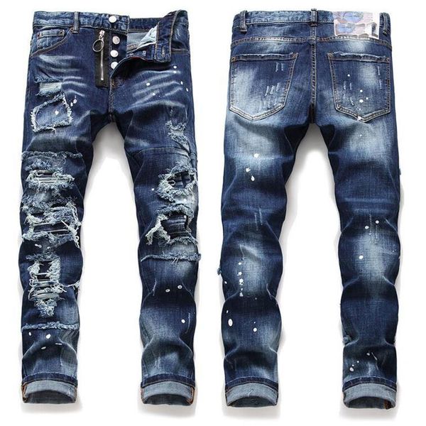 

mens ripped patchwork straight leg jeans men fashion designer slim fit washed zipper panelled motocycle denim pants hip hop trouse2682, Blue