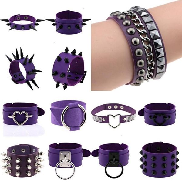 

purple goth bracelets for strands women punk boho emo spike rivets pu leather charm bracelet cuff bangles festival jewelry party, Black
