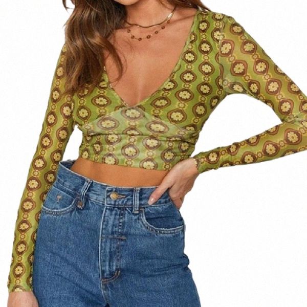 

women's t-shirt female crop floral print deep v-neck long sleeve backless hollow out slim skinny wild chic for summer j2lo#, White