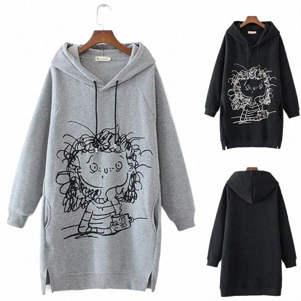

women's hoodies & sweatshirts women long hoodie sweatshirt pullover cartoon print sleeve splited pockets hoody pullovers dress sudadera, Black