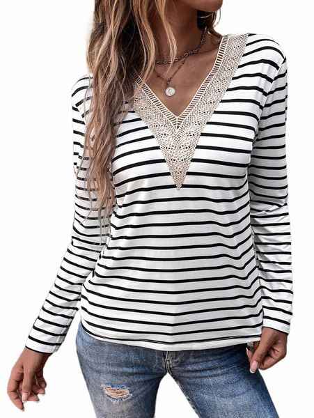 

striped guipure lace panel tee v1uf#, White