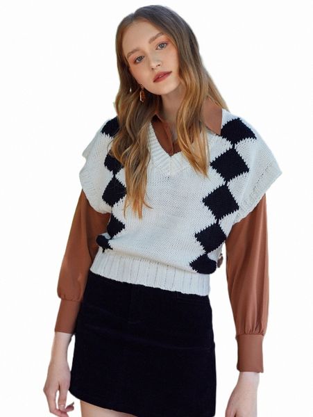 

mod argyle pattern sweater vest without blouse m9u7#, White;black