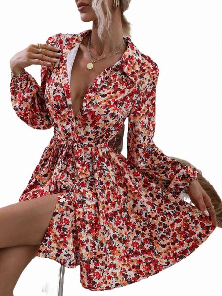 

allover floral print belted shirt dress o4mc#, Black;gray