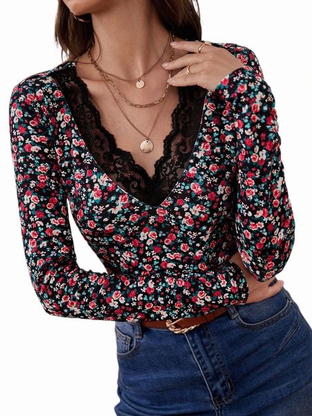 

allover floral print lace trim tee b3gg#, White