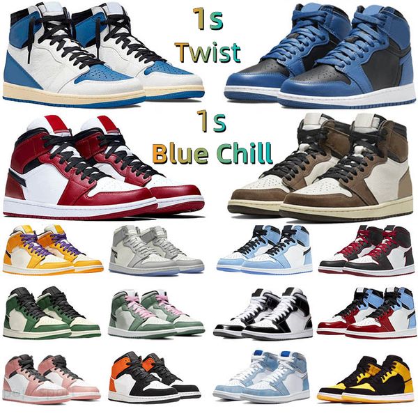 

2023 1 1s mens basketball shoes sneakers chicago reimagined bred patent dark mocha pine green rebellionaire grey fog fearless jordens jordon, Black