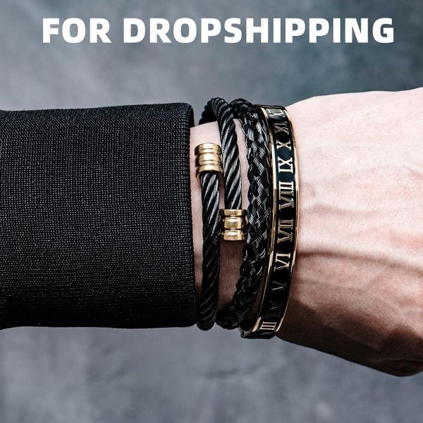 

3pcs set charm men strands bracelet stainless steel handmade rope bangles eagle bracelets with natural stone jewelry dropshipping, Black