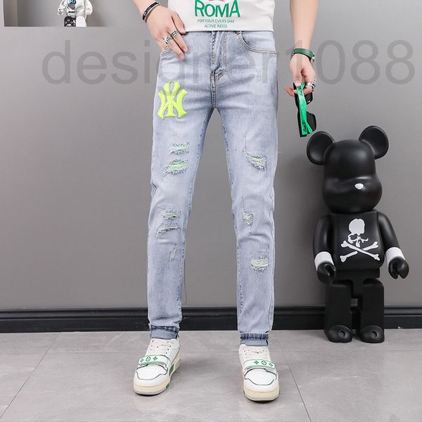 

men's jeans designer summer thin elastic hole patch jeans men's european drill embroidery slim fit small feet long pants trend pwe, Blue