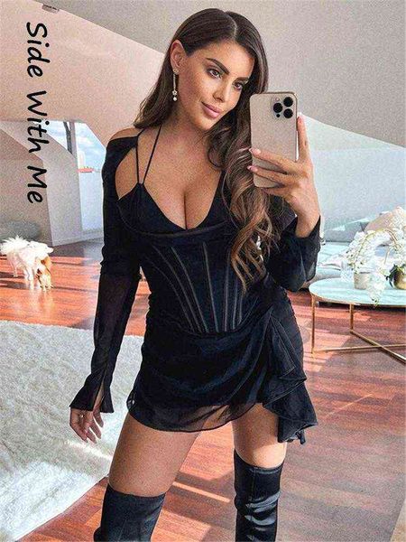 

side with me long sleeve bodycon mini women's dress 2022 summer hollow out black party club patchwork woman dresses t220819, Black;gray