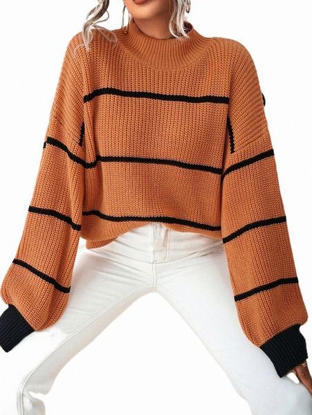 

stripe pattern mock neck drop shoulder sweater p8ze#, White;black