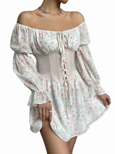 

allover floral print off shoulder flounce sleeve lace up dress x2dm#, Black;gray