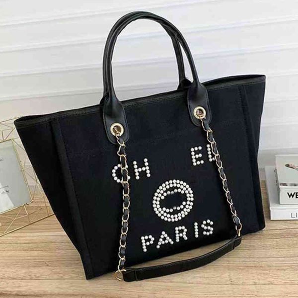 

fashion luxury women's evening bags brand ch handbags pearl tote canvas beach bag designers female portable shoulder large capacity big, Black;red