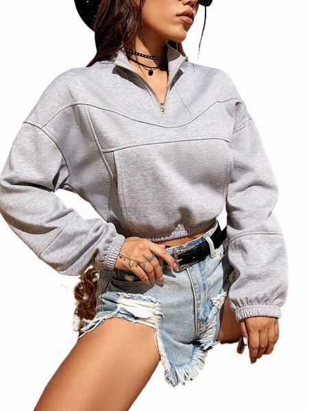 

quarter zip drop shoulder crop sweatshirt 43de#, Black