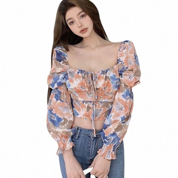 

women's fashion short square collar floral print sweet long sleeves chiffon shirt blouse t-shirt f03q#, White