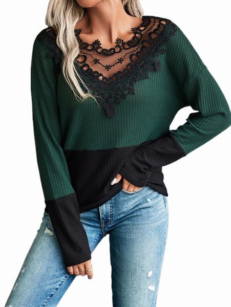 

colorblock contrast lace waffle knit tee p5xc#, White