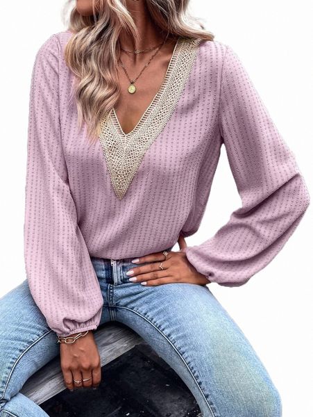 

guipure lace panel lantern sleeve blouse k2h2#, White