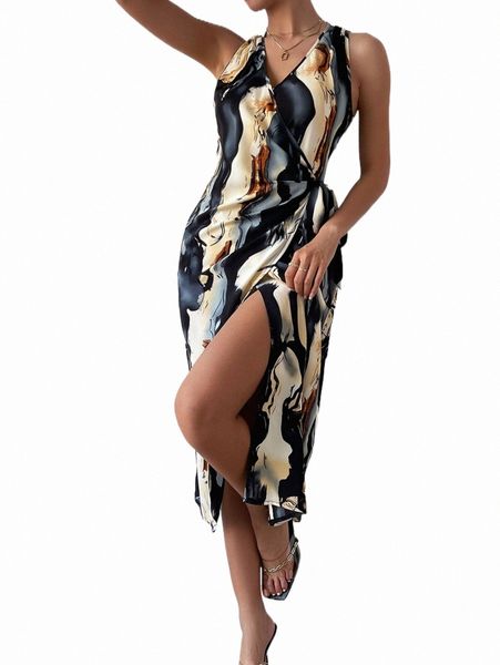 

marble print sleeveless knot front wrap dress 62yl#, Black;gray