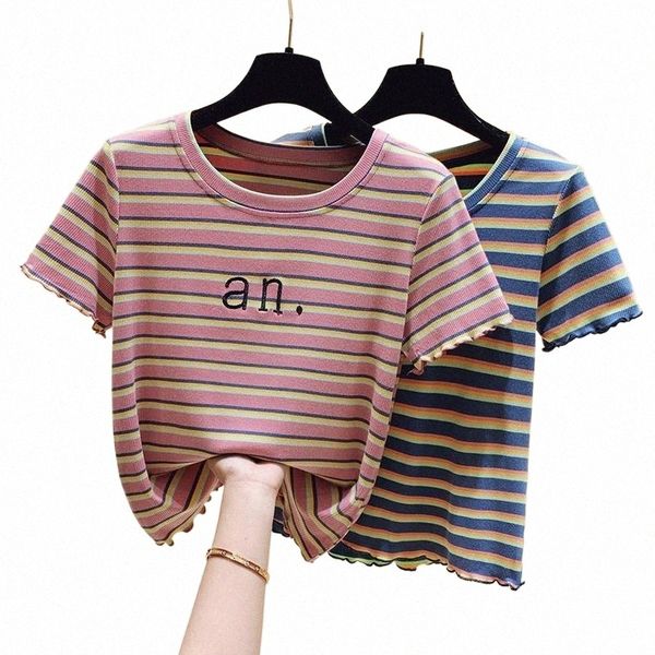 

women's t-shirt striped short sleeve high waist crop 2021 42zj#, White