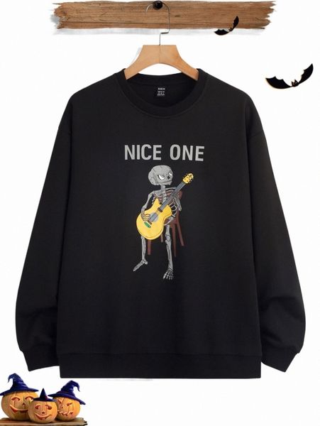 

men letter & skeleton print pullover j6ek#, Black