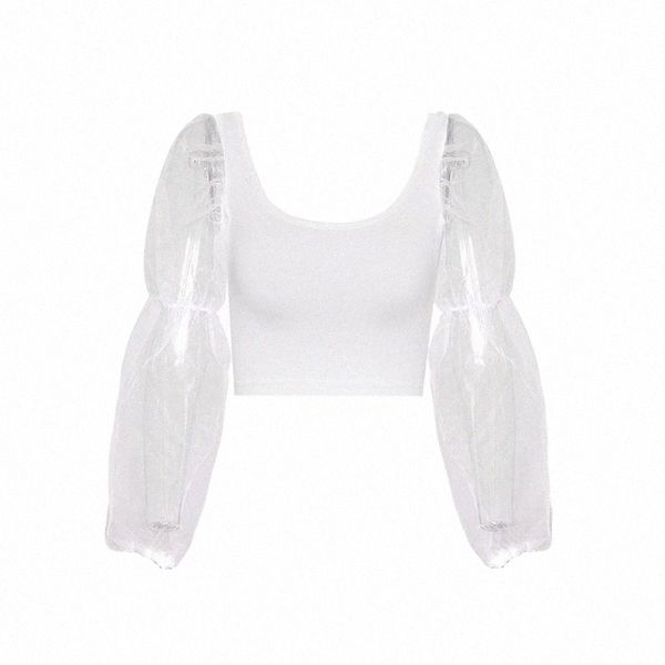 

women's t-shirt summer women puff long sleeve sheer cropped mesh grils splice white tees vintage solid color round neck casual l0fh#