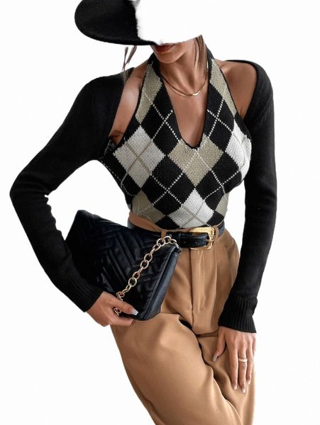 

argyle pattern halter neck cut out sweater f1kl#, White;black