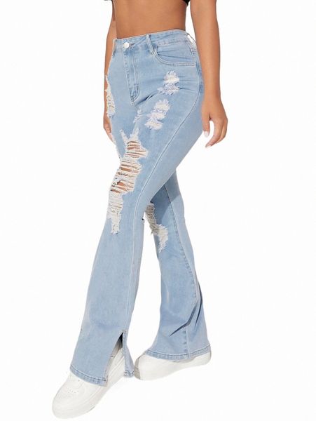 

petite high waist ripped frayed flare leg jeans 59ux#, Blue