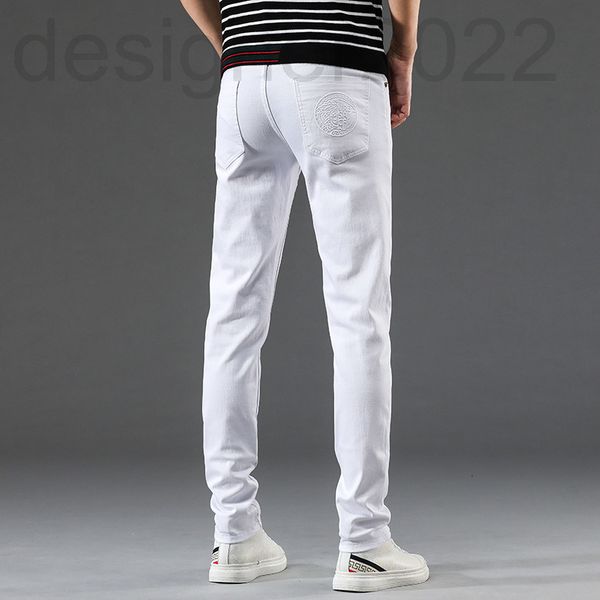 

men's jeans designer spring and autumn korean version chao brand pure white printed jeans men's european style slim fit elastic sm, Blue