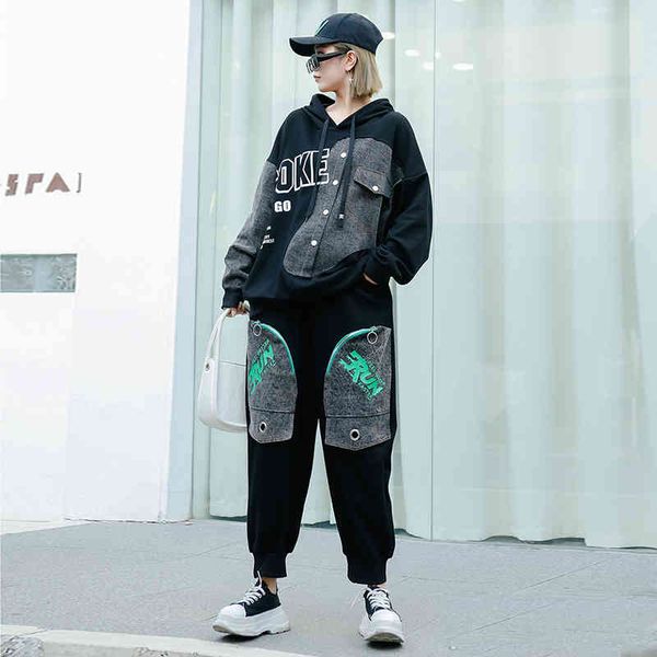 

hip hop design sports set women denim spliced tracksuit harem long trousers, Black