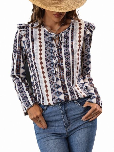 

geo print tie neck ruffle trim blouse s7nu#, White