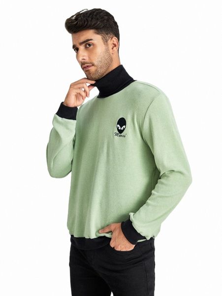 

x alienated men high neck alien & letter embroidery contrast trim sweatshirt b9qa#, Black