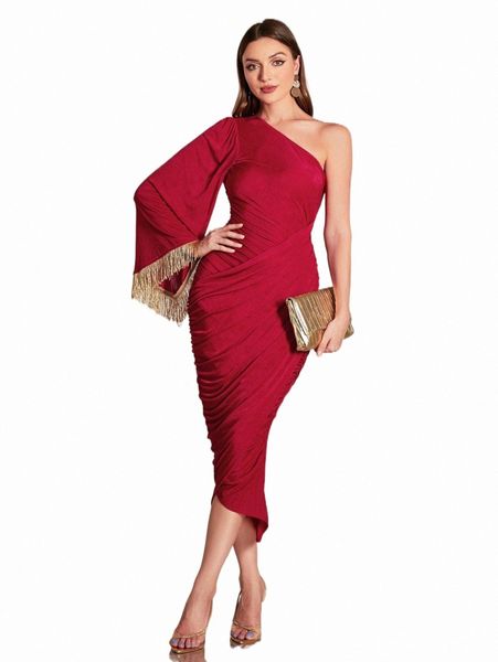 

one shoulder fringe trim ruched bodycon dress r5mw#, Black;gray