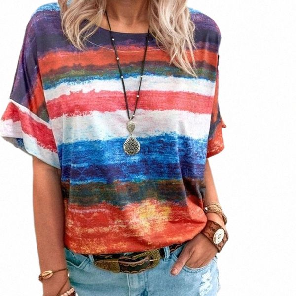 

summer gradient hit color casual women's pullover short sleeve t-shirt w6k9#, White