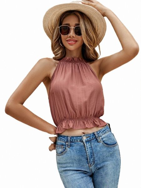 

solid ruffle hem tie back halter x1bt#, White