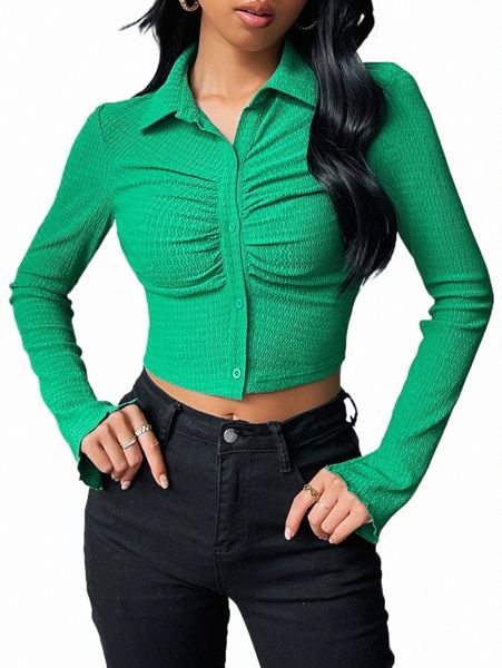 

solid ruched button front crop shirt 19ek#, White