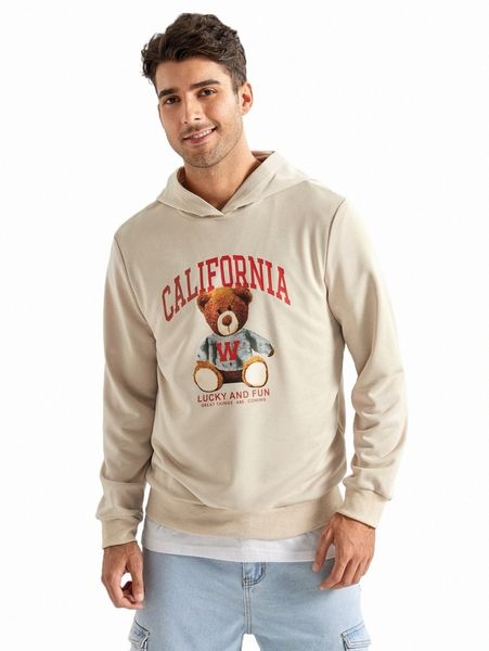 

men slogan & bear print hoodie a2nc#, Black