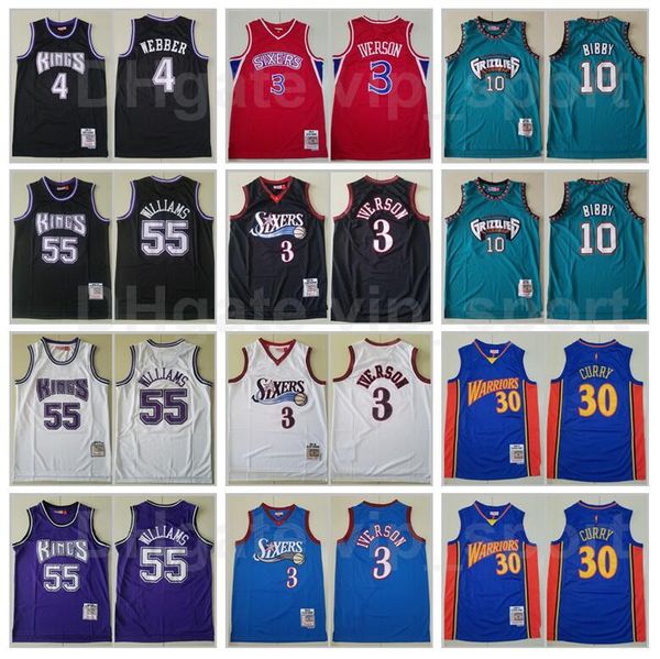 

men basketball mitchell ness jason williams jersey 55 chris webber 4 michael mike bibby 10 stephen curry 30 allen iverson 3 throwback vintag, Black