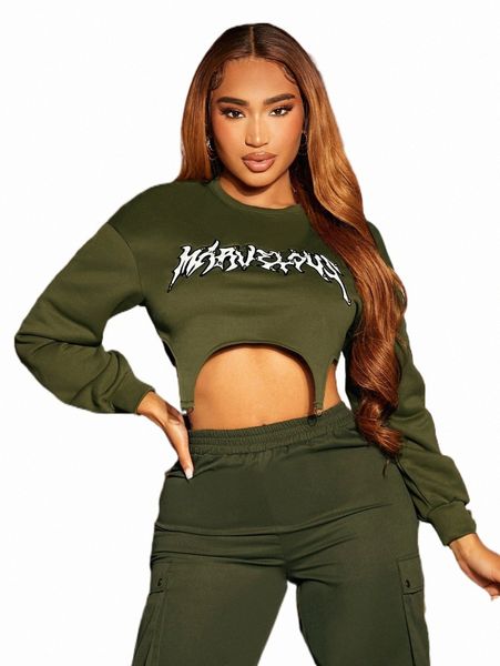 

sxy letter graphic asymmetrical hem crop pullover x99f#, Black