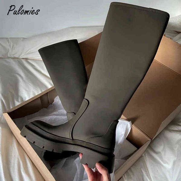 

boot new luxury women's knee boots round toe platfom autumn designer female shoes low heel long chunky for woman 1203, Black