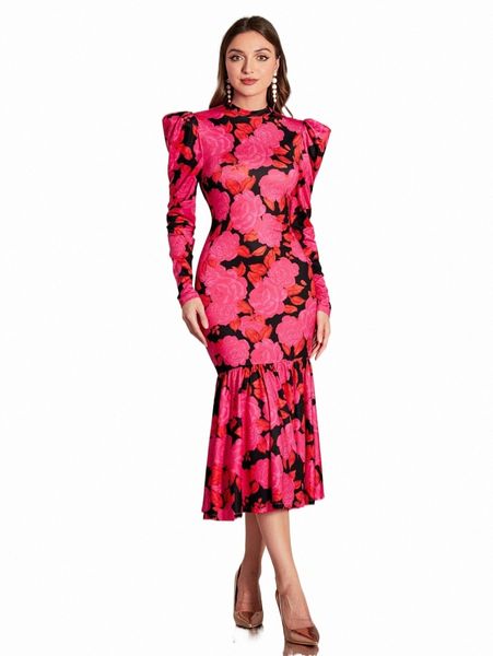 

allover floral print gigot sleeve ruffle hem dress y5qz#, Black;gray