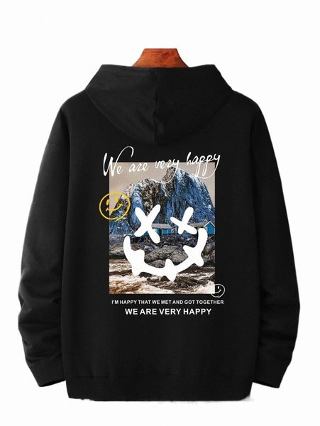 

men slogan & mountain print drawstring hoodie z3ze#, Black