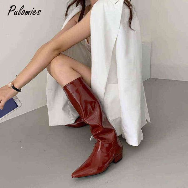 

boot boots women's knee autumn pu patent leather women shoes pointed toe fashion low heel woman office lady long 1203, Black