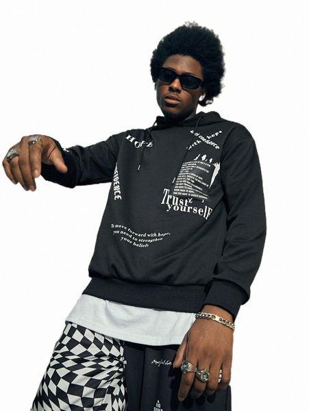 

romwe street life guys letter graphic drawstring hoodie p79m#, Black