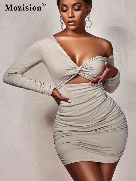 

mozision autumn hollow out v neck ruched dress women one shoulder skinny long sleeve elegant mini dresses vestidos t220819, Black;gray