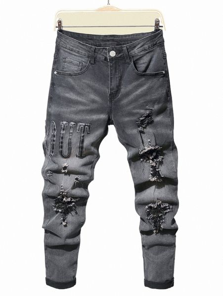 

men letter patch detail ripped jeans q5pj#, Blue