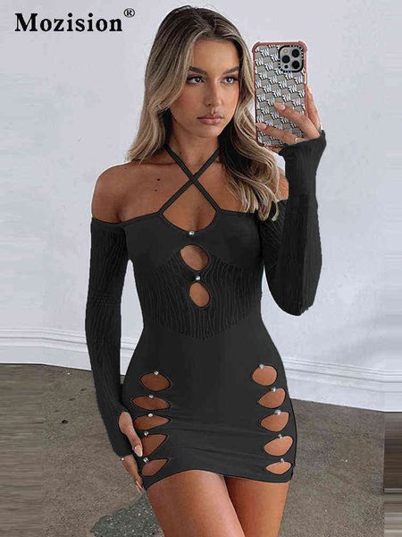 

mozision halter hollow out mini dress women 2022 spring long sleeve backless off-shoulder bodycon dresses vestidos t220824, Black;gray