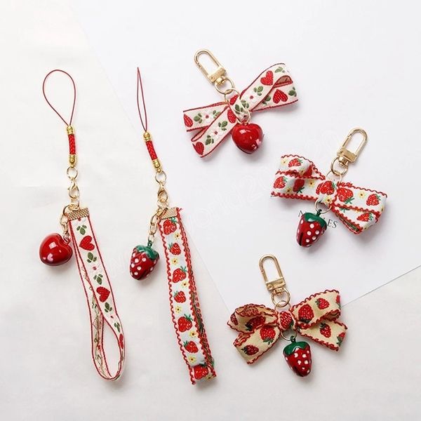 

cute strawberry heart fabric lace keychain for girl women red bell key chains ring car bag pendent charm mobile phone strap, Silver