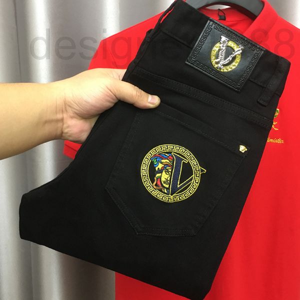 

men's jeans designer spring and autumn european black jeans men's fashion brand slim fit embroidery elastic personalized white pan, Blue