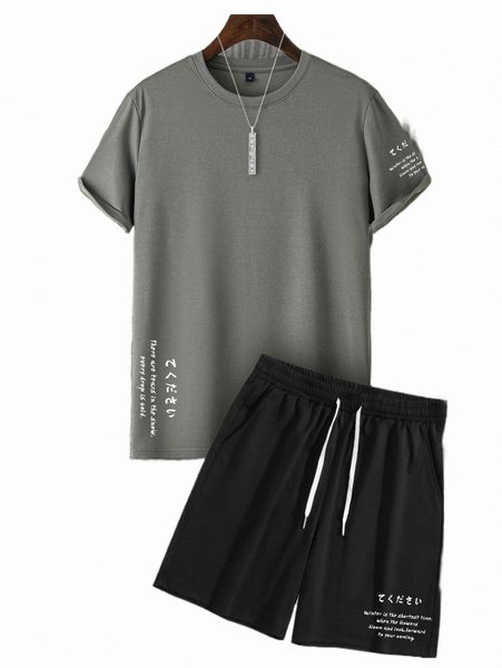 

men japanese letter graphic tee & drawstring shorts x3xx#, Gray