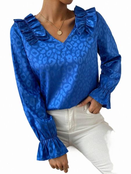 

leopard jacquard ruffle trim satin blouse f7hl#, White