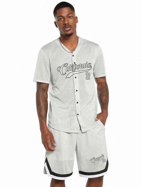 

men letter graphic shirt & drawstring shorts set k75e#, Gray