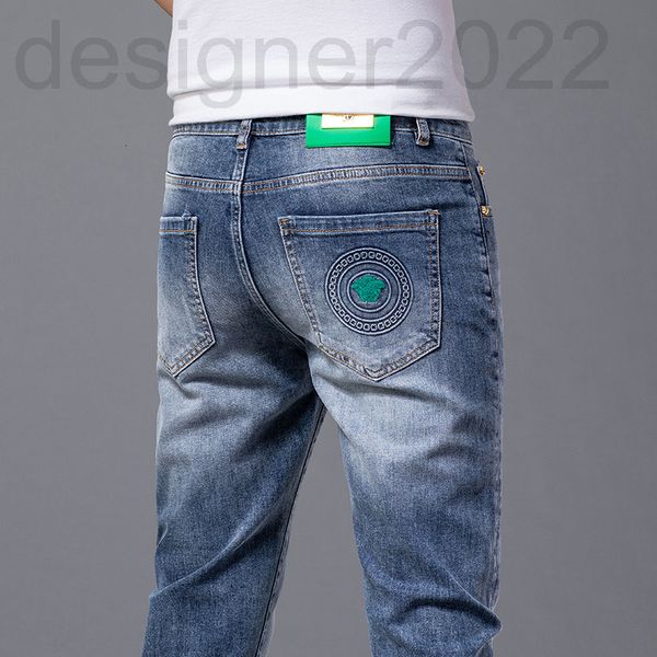 

men's jeans designer korean version spring and autumn men's embroidered jeans youth fashion trend elastic slim fit straight pants, Blue